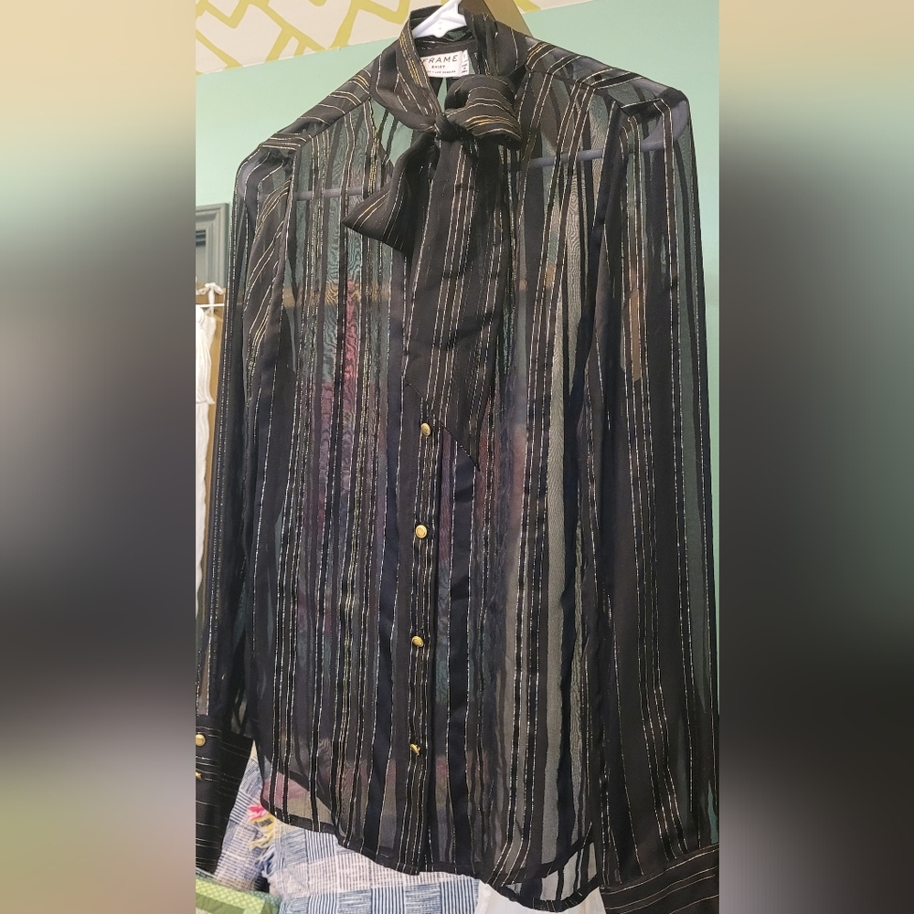 FRAME black gold stripe 100% silk semi sheer blouse